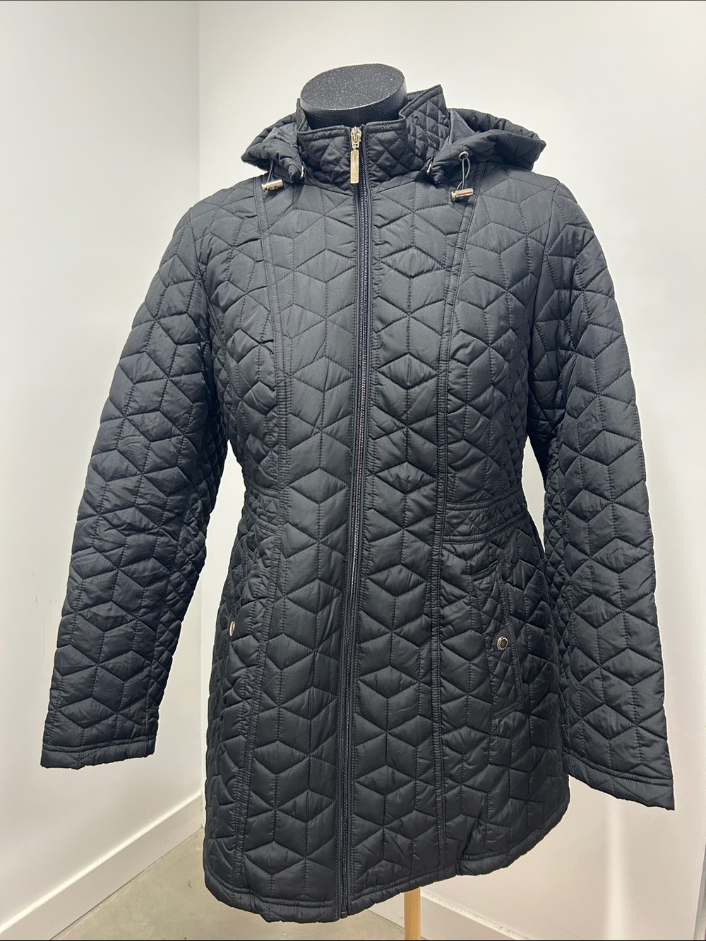 SPYM Women Black Diamond Geometric Quilted Hooded Jacket Coat Large Full Zip